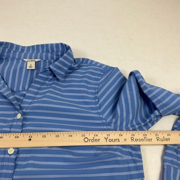 LL Bean Womens Button Down Shirt Blue Striped Tunic Long Sleeve Roll Tab Small - Picture 8 of 11
